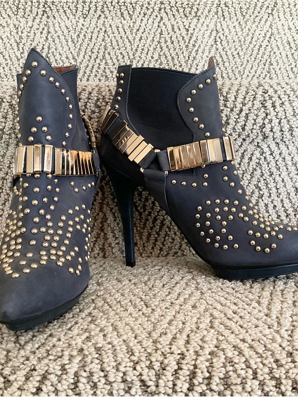 Jeffrey Campbell Studded Blue Ankle Booties with Gold Accents